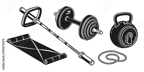 A variety of fitness equipment including dumbbells, kettlebells, and resistance bands