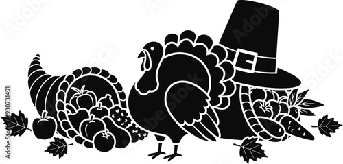 Black silhouette of a turkey, hat, and cornucopia with leaves and fruits