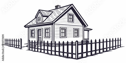 A charming two-story house with a white picket fence and a tree in the front yard