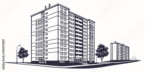 Modern apartment buildings with trees in the foreground and background