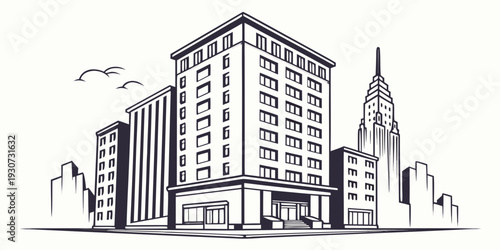 A detailed sketch of a modern cityscape featuring a tall building and a clock tower.