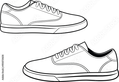 Casual lace up sneakers pair, classic low top shoes hand drawn outline vector illustration isolated on light background