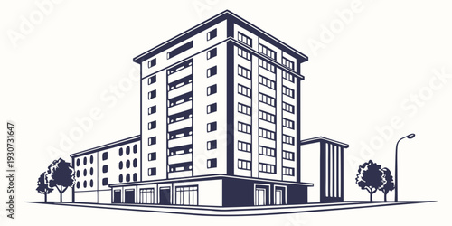 A large apartment building with a modern design and multiple floors.