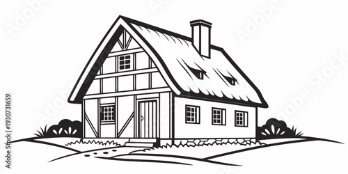 A charming black and white illustration of a traditional house with a chimney and shrubs