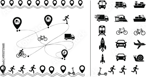 PrintTransportation and Delivery Icon Set with Location Pins, Bicycle, Bus, Truck, Train, Car, Airplane, Rocket, and Courier Route Symbols