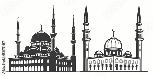 Illustration of two mosques with domes and minarets in black and white