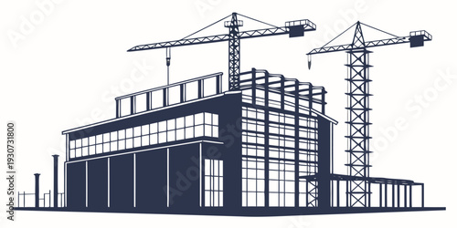 Modern construction site with cranes and partially built multi-story building