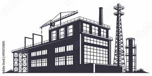 A detailed illustration of an industrial factory with multiple chimneys and smokestacks.