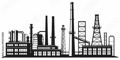 A detailed illustration of an industrial complex with various factories and machinery.