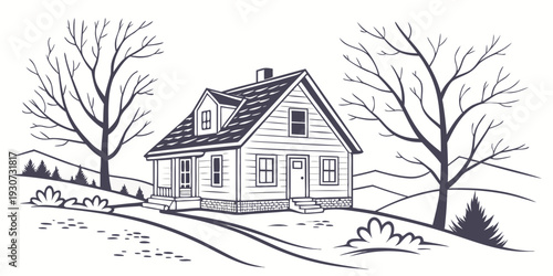 A charming countryside house surrounded by trees in a serene landscape