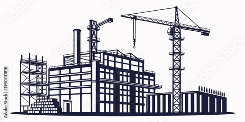 Large construction site with cranes and industrial buildings under development