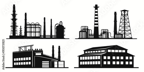 A diverse collection of industrial buildings and infrastructure elements