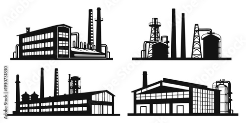A collection of various industrial buildings and structures in a minimalist style