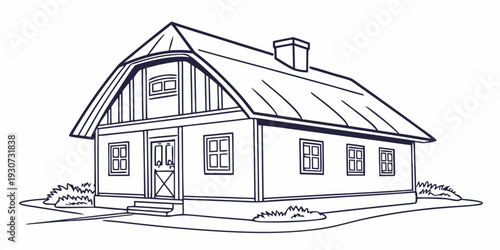 A charming two-story house with a gabled roof and a chimney on the side