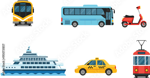 Public Transport Vehicle Icon Set with Train Bus Taxi Tram Scooter and Cruise Ship Flat Vector Illustration for Urban Mobility Design.