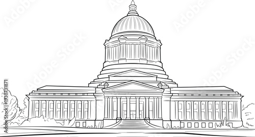 Classic capitol building with dome and columns, government architecture landmark, hand drawn outline vector illustration isolated on light background