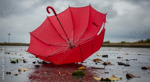 A red and white umbrella on a sunny beach by the sea during summer vacation
