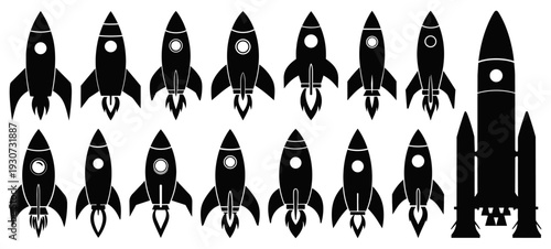 Rocket Ship Silhouette Collection and Space Shuttle Launch Icons Isolated on Transparent Background
