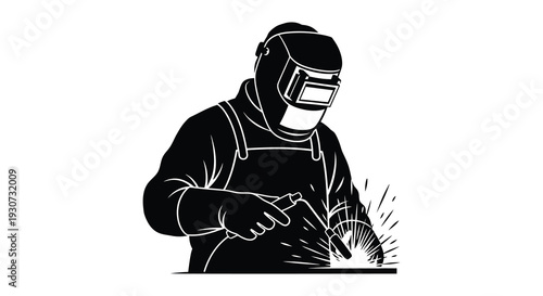 A black and white illustration depicts a welder actively working with sparks flying from the metal silhouette high quality professional detailed
