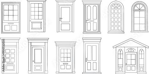 Classic front doors and windows vector set, architectural facade elements line art collection, vintage entrance design outlines for home exterior illustration