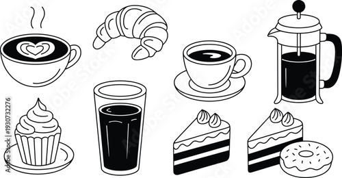 Coffee and bakery outline vector set with cappuccino, croissant, cupcake, cake slices, donut and french press illustration isolated on white