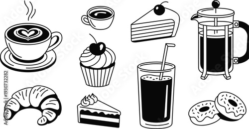 Coffee and bakery outline icon set vector illustration, cappuccino, cupcake, croissant, cake, donut, french press and soft drink collection