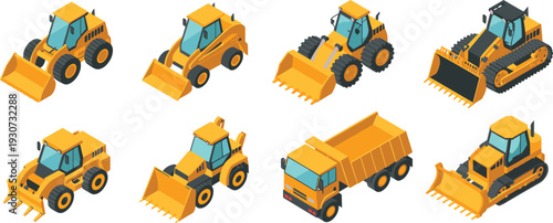 Isometric heavy construction equipment set with yellow wheel loaders, dump truck, bulldozers, and excavators on white background for industrial building site vector design.
