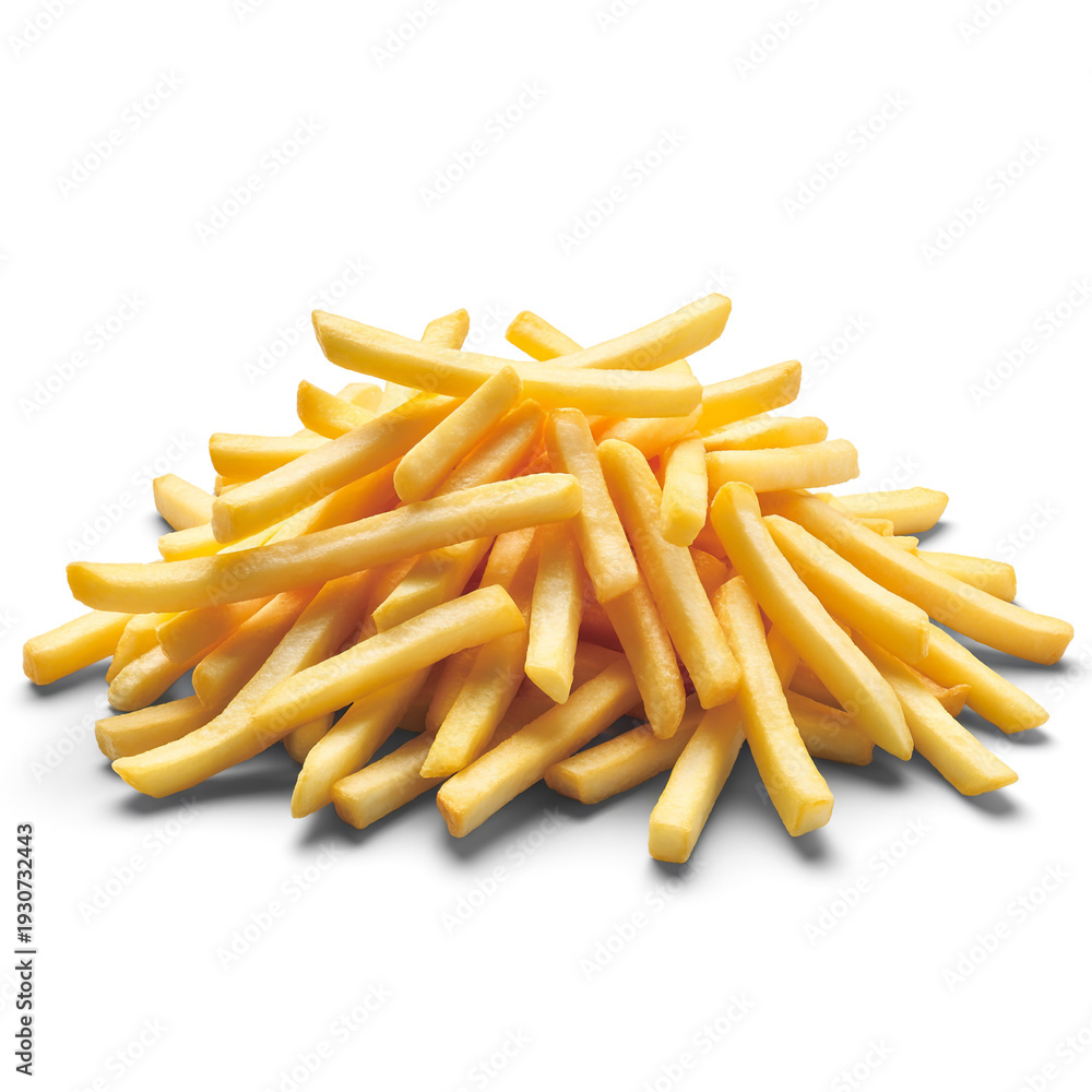 Fototapeta premium A Pile of Golden Yellow French Fries on a White Background fried potatoes food snack