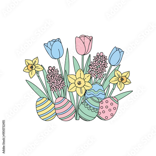 Delicate pastel Easter eggs nestled amongst blooming tulips, daffodils, and hyacinths in a cheerful springtime floral arrangement, rendered in a charming flat design.