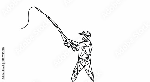 Modern geometric black line art illustration of a person casting a fishing rod, symbolizing the hobby of angling with a dynamic and minimalist polygonal design.