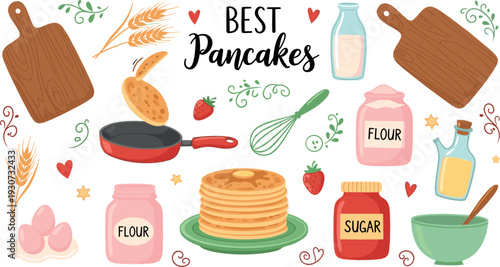 Best pancakes cooking illustration flat vector set with ingredients flour sugar milk eggs whisk pan and stack of homemade breakfast