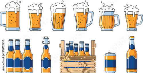 Beer glasses bottles and wooden crate flat vector illustration set with lager ale beverage isolated on background