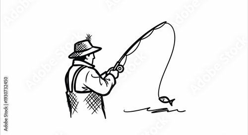 Vintage style hand-drawn illustration of a man fishing, wearing a hat and waders, with a fish on his line. Perfect for outdoor sports and leisure designs.