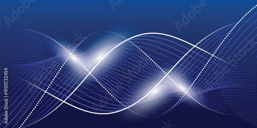 Electric blue gradient tech background with glowing wave lines, dotted halftone particles and bright flares, modern digital wallpaper for web, banner