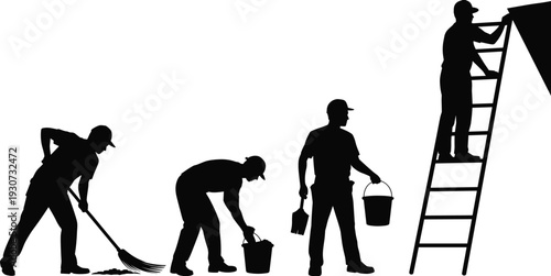 Construction worker silhouette vector set, builder sweeping, carrying bucket and painting on ladder isolated black figures illustration