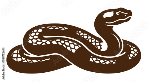 A coiled brown snake in a simplified illustration with scale detail, rendered against a white background