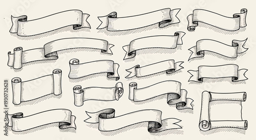 Collection of Hand Drawn Banners and Ribbons for Design.