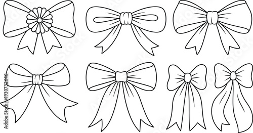 Decorative ribbon bow outline vector set, hand drawn gift bows collection for holiday, wedding and celebration design isolated on white