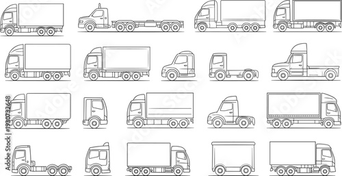 Delivery truck and cargo vehicle vector set, commercial transport lorry collection line art illustration, logistics and freight transportation fleet outline design