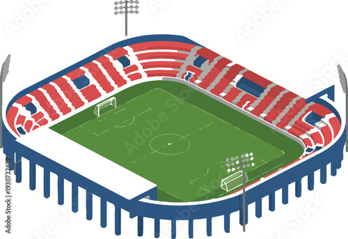 Isometric Soccer Stadium Vector Illustration with Green Football Field, Seating Stands and Floodlights for Sports Tournament Concept