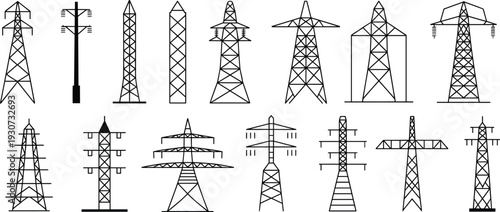 Electric power transmission tower outline vector set, high voltage pylons and electricity grid infrastructure collection isolated on white background