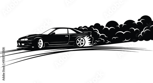 A black sports car drifts dramatically leaving a trail of tire smoke in a dynamic stylized silhouette high quality professional detailed