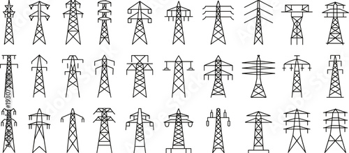 Electric transmission tower outline vector set, power line pylons and electricity grid infrastructure collection isolated on white background