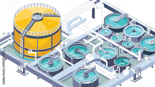 Isometric, water, treatment, plant, with, purification, tanks, processing, station, industrial, facility, infrastructure, utility, systems, isolated, on, white, background, vector, illustration, envir