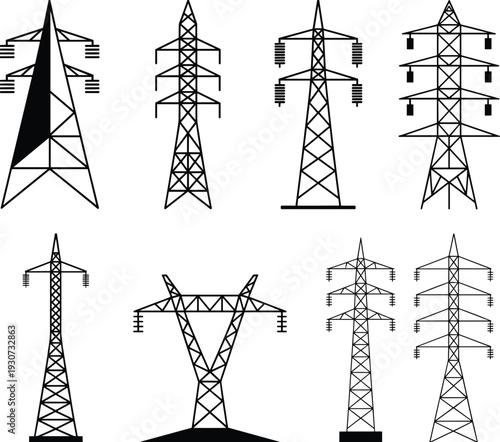 Electric transmission tower set vector illustration, high voltage power line pylons isolated industrial energy infrastructure collection