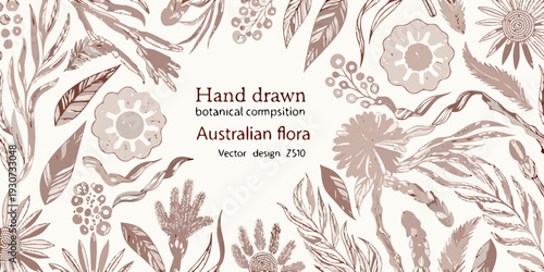 Hand drawn botanical composition featuring australian flora in sepia tones