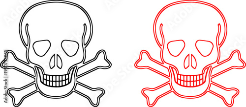 Skull and Crossbones Vector Illustration Set in Black and Red Outline
