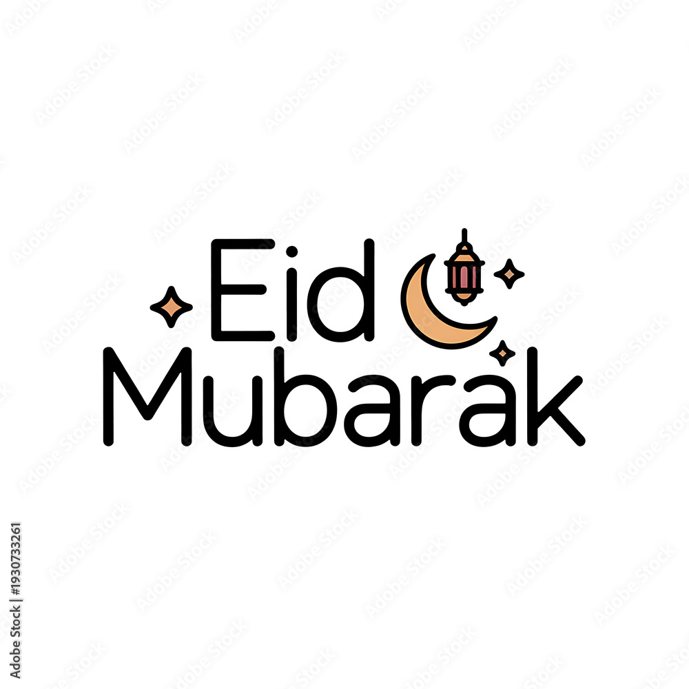 Naklejka premium Eid Mubarak Modern Monoline Typography with Crescent Moon and Lantern Icons – Minimal Flat Vector on White Background