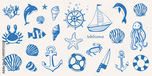 A collection of nautical themed illustrations in a blue toned style