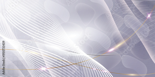 Elegant white wave lines on soft silver abstract background with golden light streaks and bokeh for luxury banner, website header or corporate design